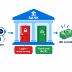 Banks block AI agents diagram showing a customer's agent blocked at the login, with a read-only MCP lane left open.