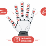 Boston Dynamics Atlas hand diagram showing four fingers, thumb and 13 encapsulated actuators with no cables across joints.