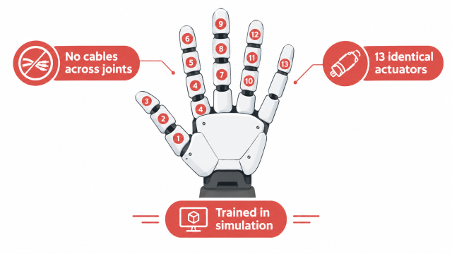 Boston Dynamics Atlas hand diagram showing four fingers, thumb and 13 encapsulated actuators with no cables across joints.