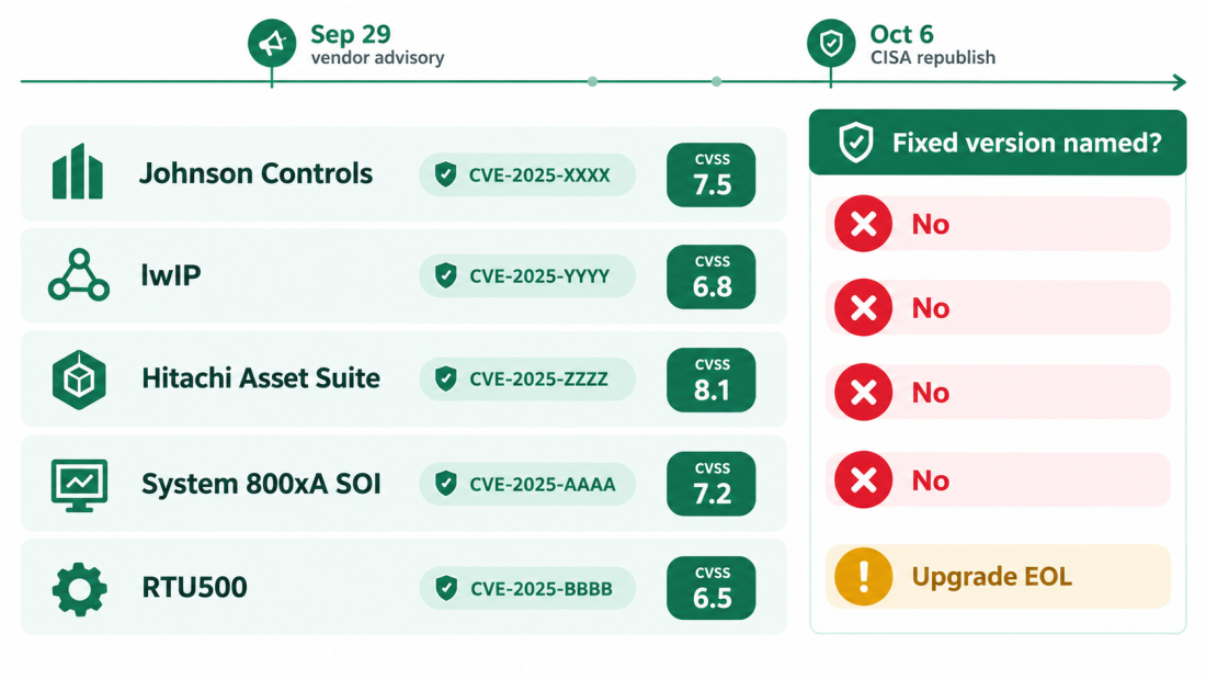 Table of five CISA ICS advisories showing vendor, CVE, CVSS score and whether a fixed version is named.