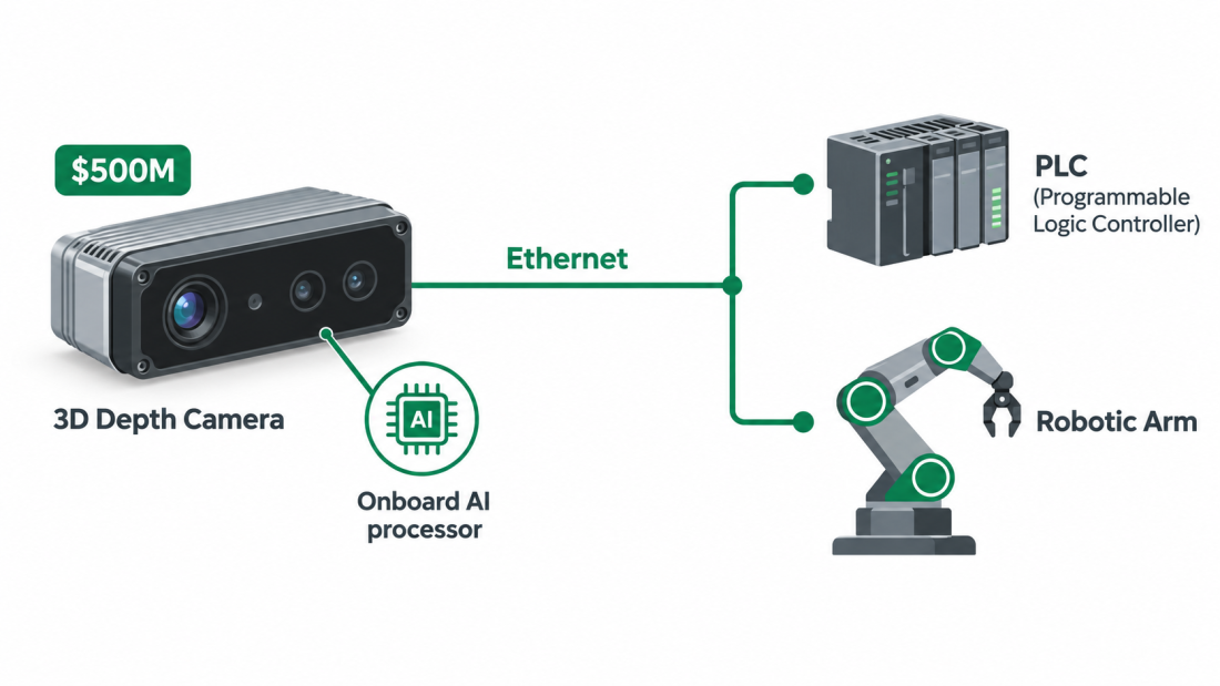 Diagram of the Cognex RealSense deal showing a depth-sensing camera with onboard AI connected via Ethernet to a factory robot and PLC.