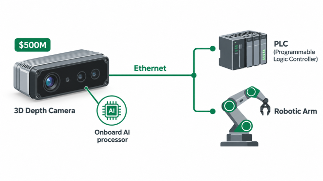 Diagram of the Cognex RealSense deal showing a depth-sensing camera with onboard AI connected via Ethernet to a factory robot and PLC.