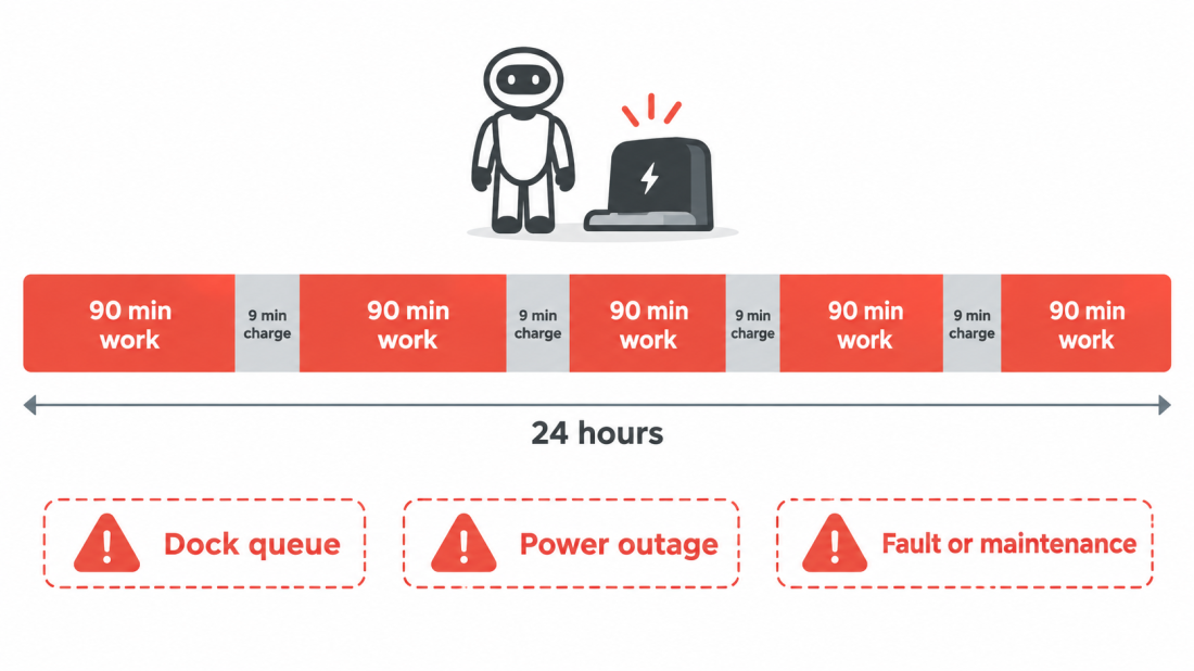 Digit 5 humanoid duty-cycle diagram showing 90 minutes of work and 9 minutes of charging repeating across 24 hours.