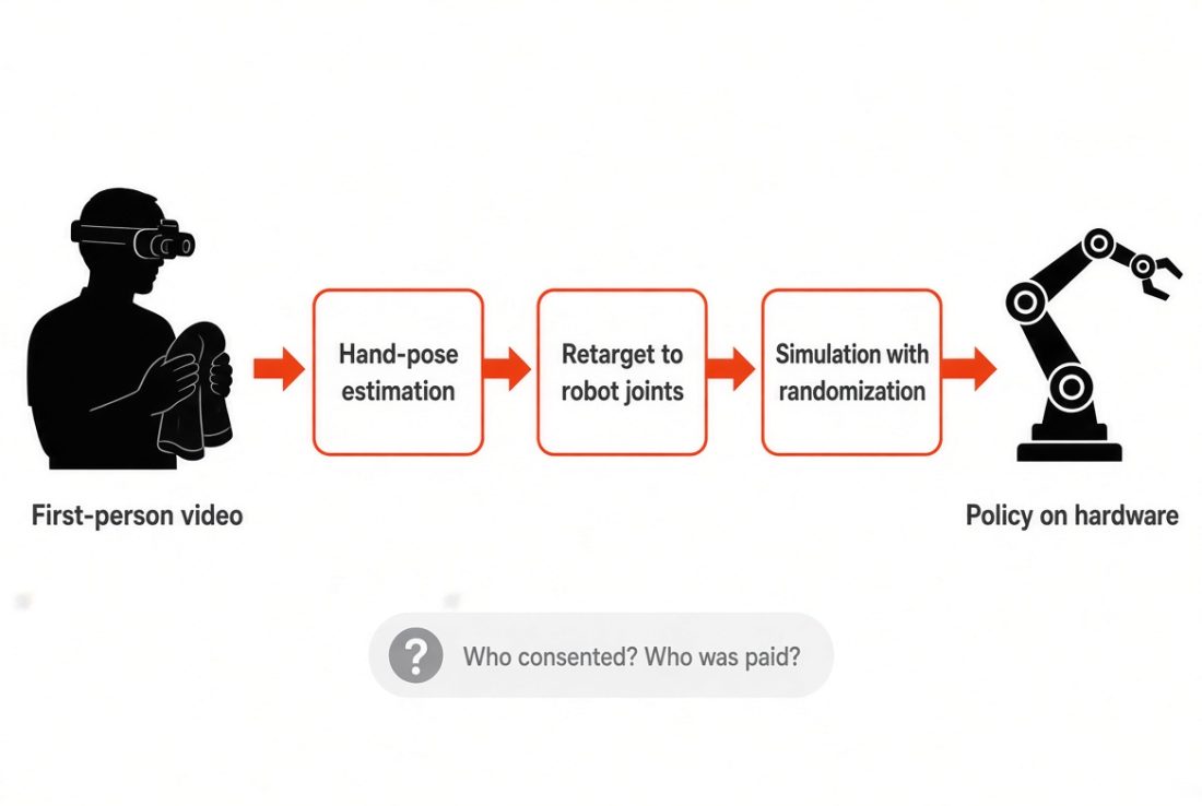 Egocentric robot training data pipeline showing a worker's head-mounted camera feeding a robot policy trained in simulation.
