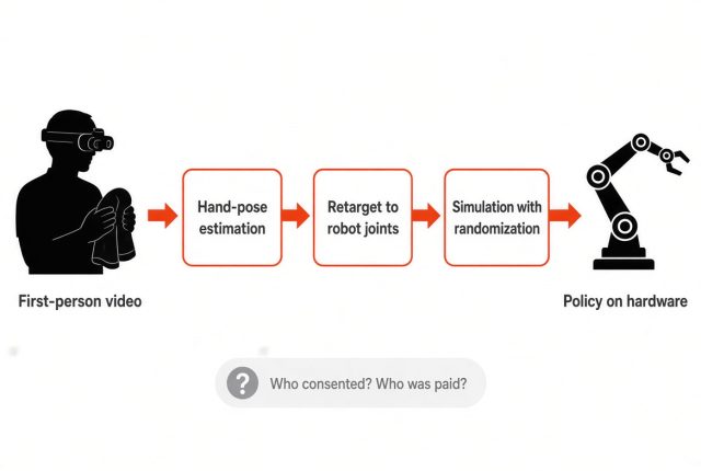 Egocentric robot training data pipeline showing a worker's head-mounted camera feeding a robot policy trained in simulation.