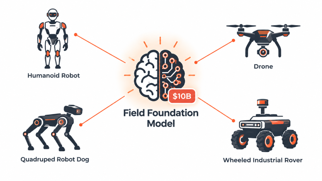 Diagram of the FieldAI robot brain controlling humanoids, drones, quadrupeds and rovers from one foundation model.