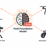 Diagram of the FieldAI robot brain controlling humanoids, drones, quadrupeds and rovers from one foundation model.