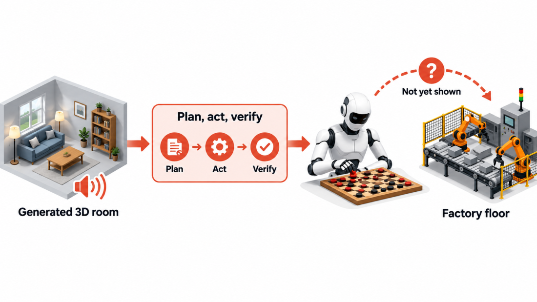 Genie 4 world model diagram showing a generated scene, a Gemini planner and a humanoid robot checking each move.