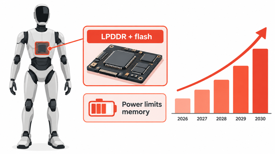 Humanoid robot memory demand diagram showing a robot's compute module with LPDDR memory and flash storage beside a battery.