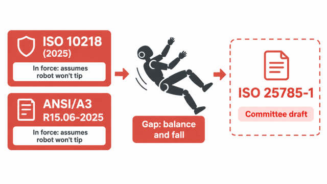 Humanoid robot safety standards map showing ISO 10218 and R15.06 in force, ISO 25785-1 still in draft, and the gap for balancing robots.
