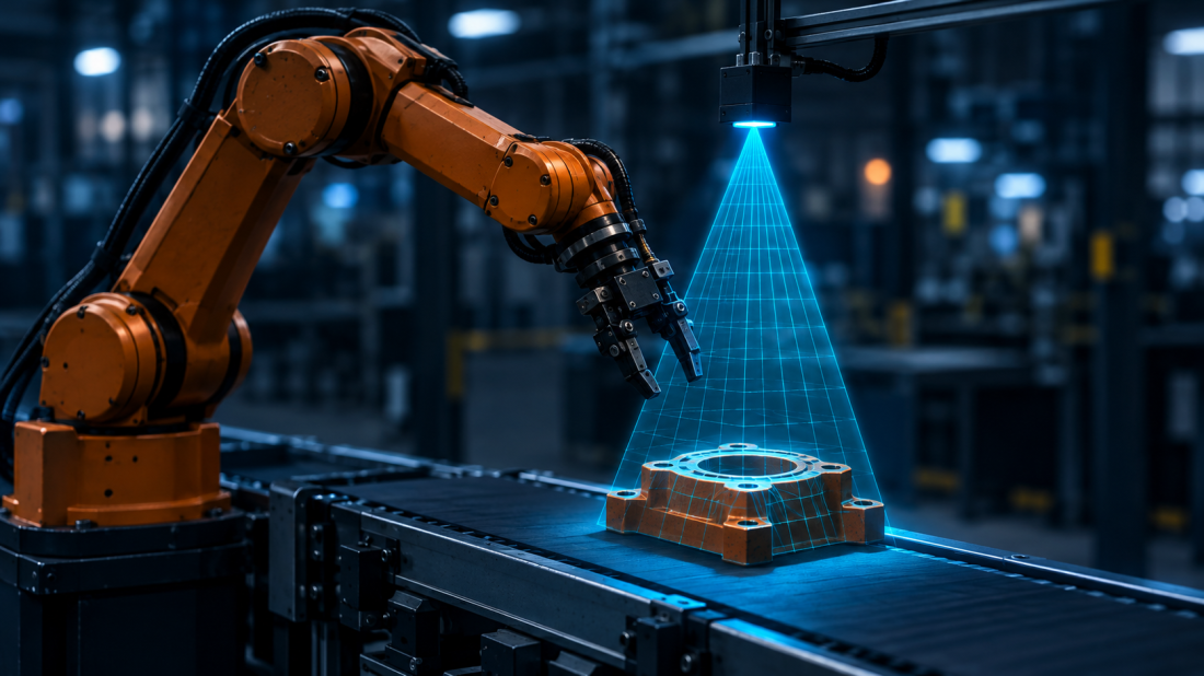 "Industrial AI vision layer—robotic arm with a cyan vision grid projecting onto a part on a conveyor belt."