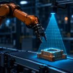 "Industrial AI vision layer—robotic arm with a cyan vision grid projecting onto a part on a conveyor belt."