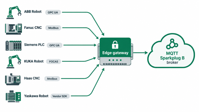Diagram of industrial IoT protocol fragmentation showing lock-in relocating from the factory floor to the edge gateway.