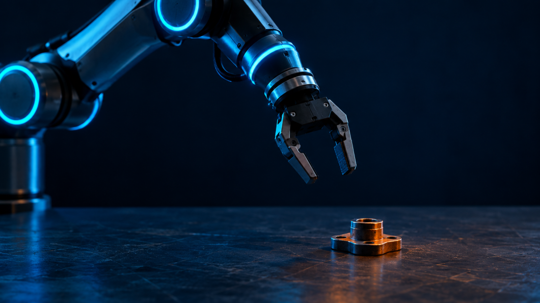 "Industrial robotics training sims gap—robot arm reaching slightly off-target for a metal part on a workbench.