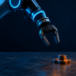 "Industrial robotics training sims gap—robot arm reaching slightly off-target for a metal part on a workbench.