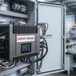 Omron OnLogic acquisition—rugged industrial PC mounted inside a factory control cabinet processing equipment data locally."