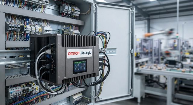 Omron OnLogic acquisition—rugged industrial PC mounted inside a factory control cabinet processing equipment data locally."