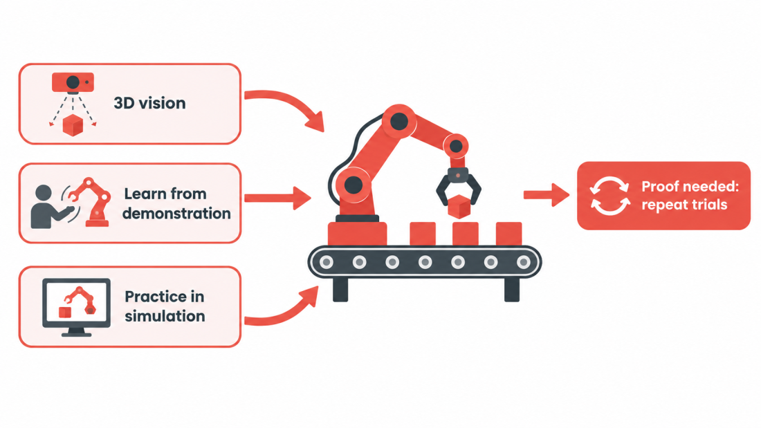 Physical AI in factories diagram showing 3D vision, learning from demonstration and simulation feeding one robot arm.