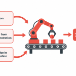 Physical AI in factories diagram showing 3D vision, learning from demonstration and simulation feeding one robot arm.