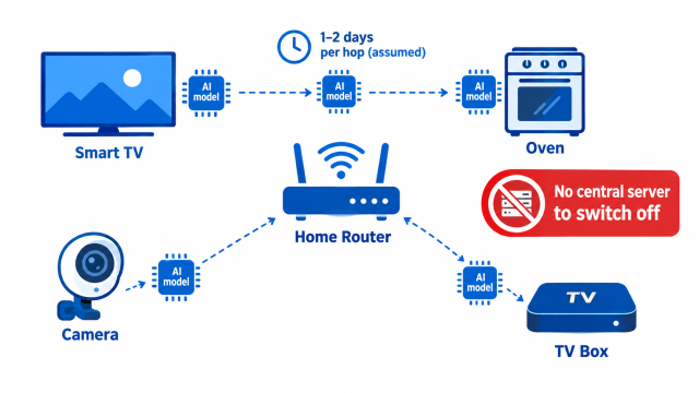 Self-replicating AI diagram showing a small model copying itself between a smart TV, oven and camera on one home network.