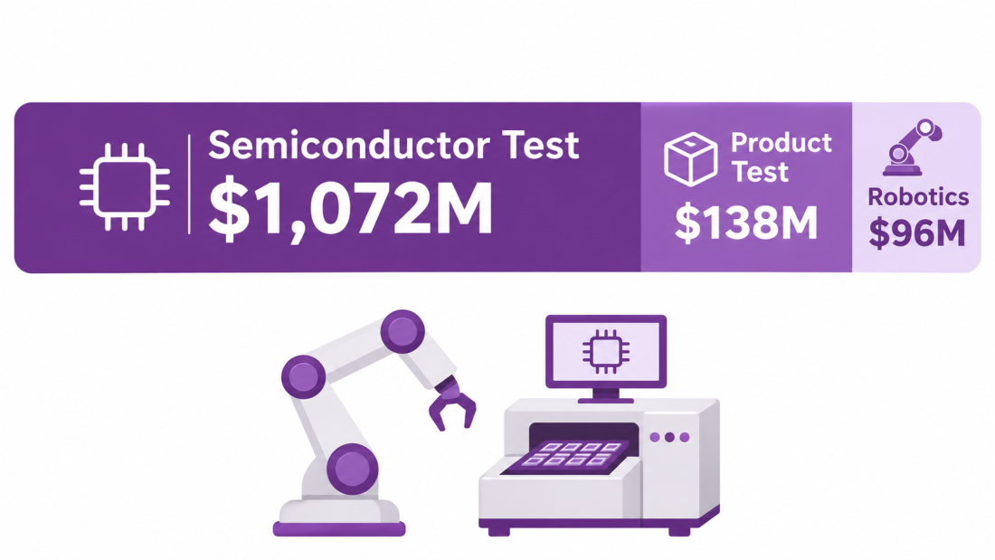 Teradyne Q3 results chart splitting $1,306M revenue into Semiconductor Test, Product Test and a small Robotics slice.