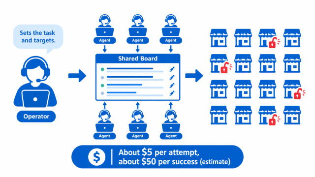 AI agent hacking campaign diagram showing one operator, a shared project board and agents probing many online shops.