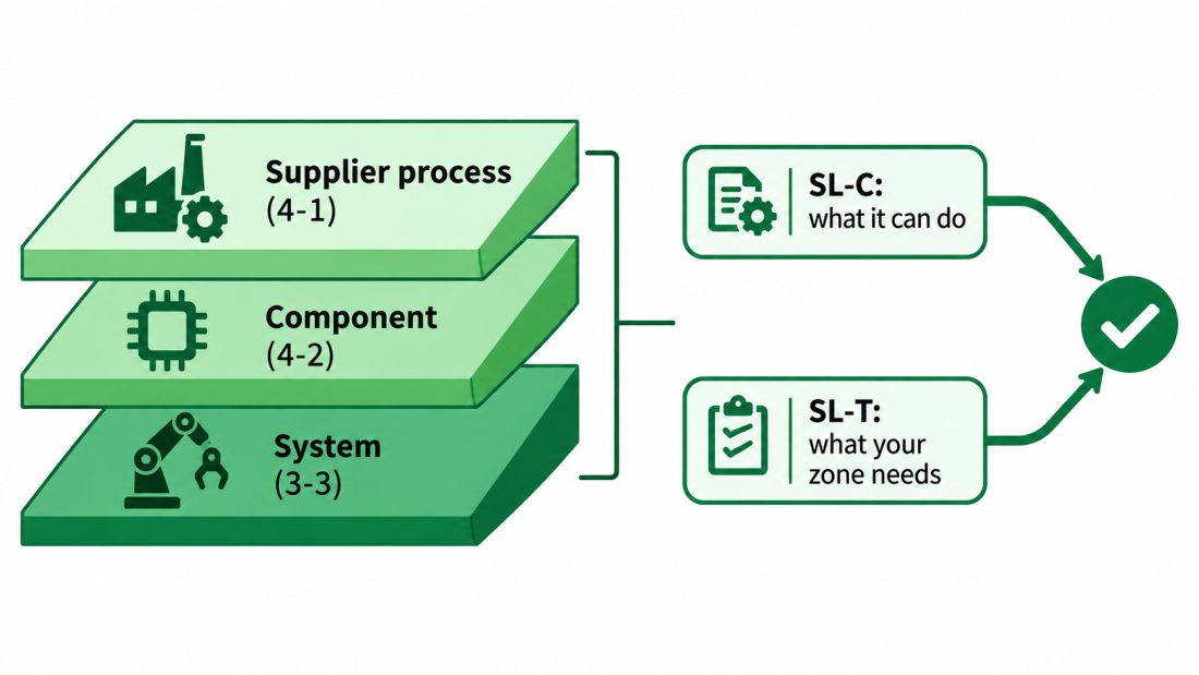 IEC 62443 certification diagram showing supplier process, component and system layers with capability and target security levels.