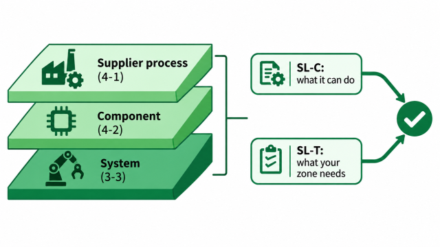 IEC 62443 certification diagram showing supplier process, component and system layers with capability and target security levels.