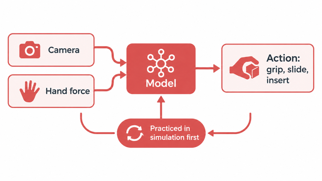 Vision-force-action model diagram showing camera view and force feedback from a robot hand feeding one action output.