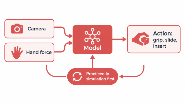 Vision-force-action model diagram showing camera view and force feedback from a robot hand feeding one action output.
