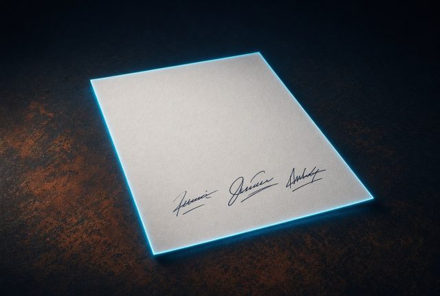 Voluntary AI safety agreement—a signed one-page document on a dark table, with no enforcement mechanism visible.